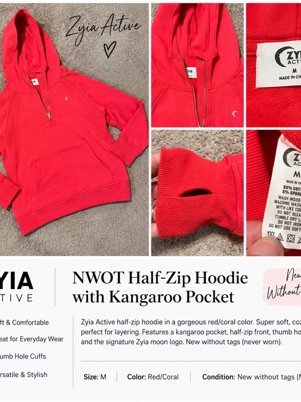 NWOT Zyia Active Women's Red Half‑Zip Hoodie